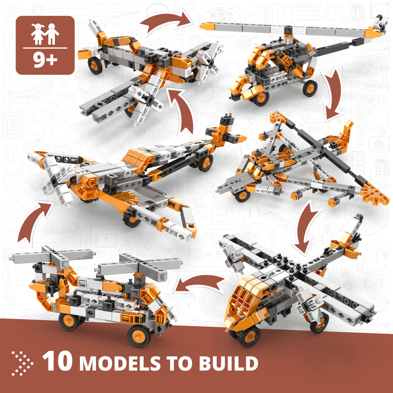 Engino – Entdecken Sie die MINT-Technologie von Maschinen: Wie Flugzeuge funktionieren, Bauspielzeug für Kinder ab 9 Jahren (10 Modelle zum Bauen)