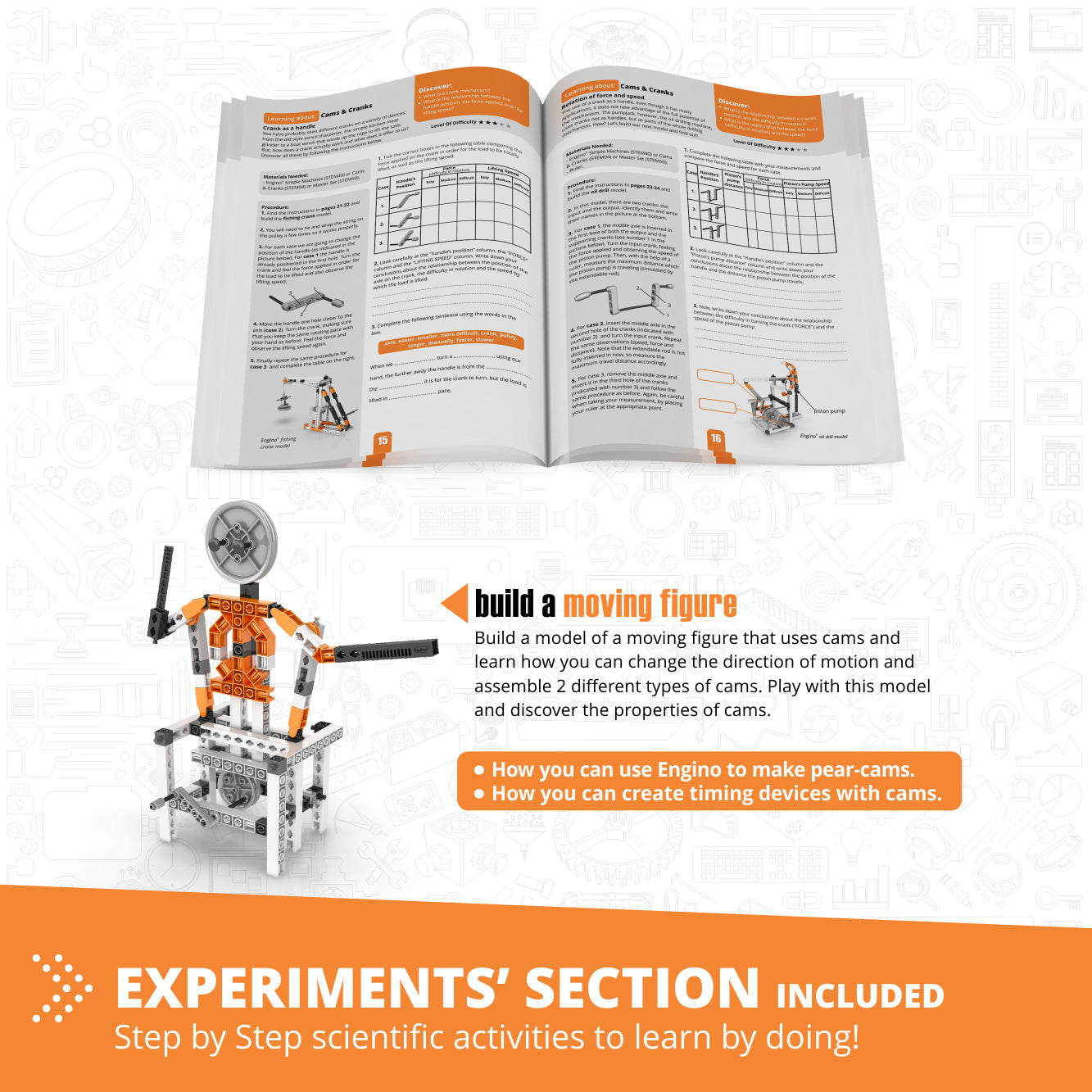 Engino Discovering STEM Mechanics Set – Nocken- und Kurbelspielzeug für Kinder ab 9 Jahren (8 Modelle zum Bauen)