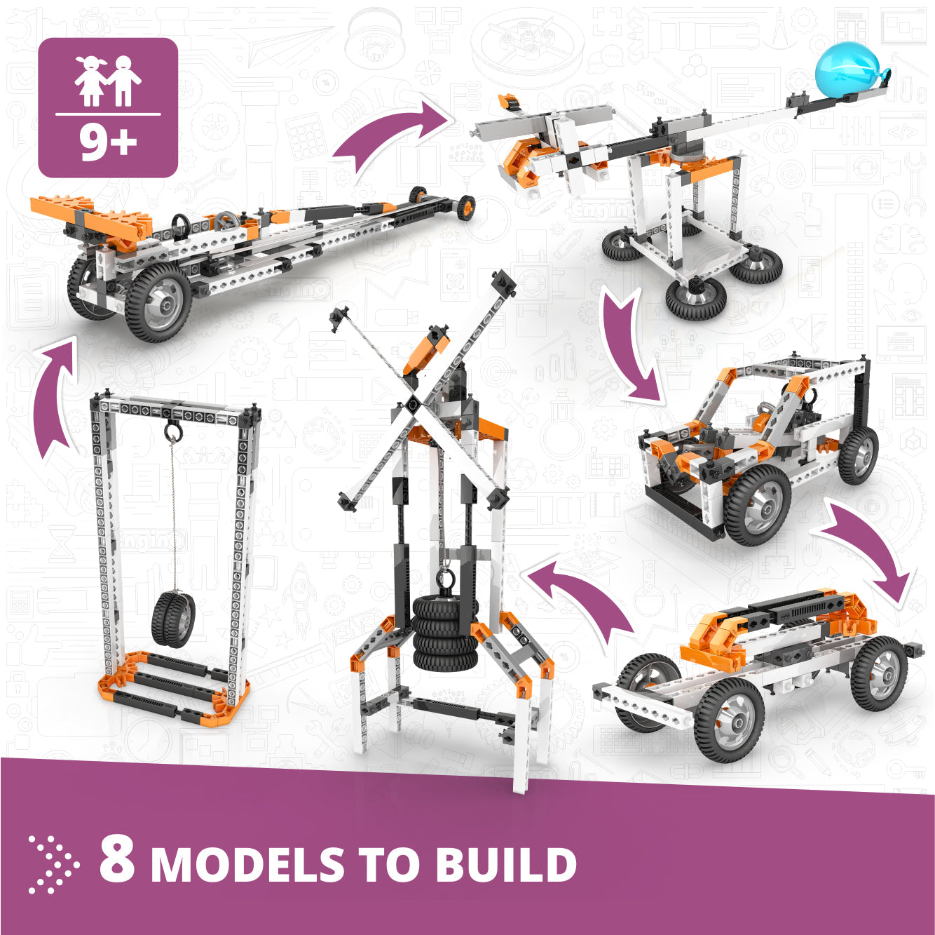 Engino Discovering STEM Newtons Gesetze der Trägheit, kinetischen und potenziellen Energie – Bauspielzeug für Kinder ab 9 Jahren (8 Modelle zum Bauen)