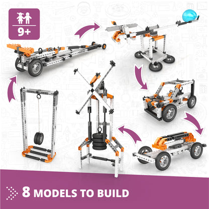 Engino Discovering STEM Newtons Gesetze der Trägheit, kinetischen und potenziellen Energie – Bauspielzeug für Kinder ab 9 Jahren (8 Modelle zum Bauen)