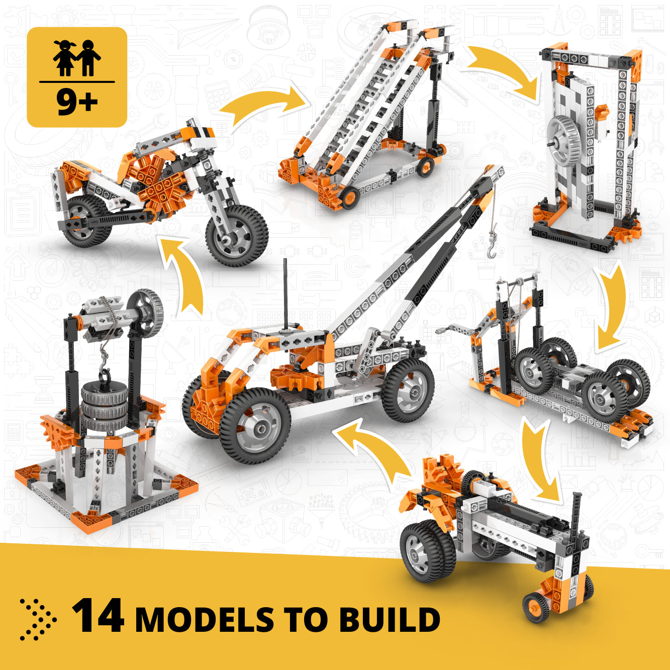 Engino – STEM-Mechanik entdecken: Räder, Achsen &amp; schiefe Ebenen – Konstruktionsspielzeug für Kinder ab 9 Jahren (14 Modelle zum Bauen)