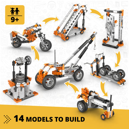 Engino – STEM-Mechanik entdecken: Räder, Achsen &amp; schiefe Ebenen – Konstruktionsspielzeug für Kinder ab 9 Jahren (14 Modelle zum Bauen)