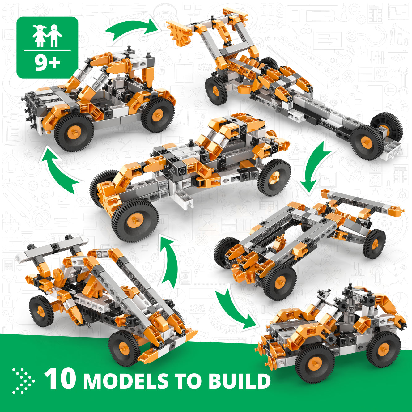 Engino – Entdecken Sie die MINT-Technologie von Maschinen: Wie Autos funktionieren, Bauspielzeug für Kinder ab 9 Jahren (10 Modelle zum Bauen)