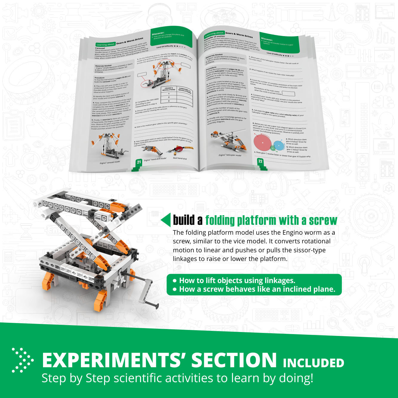 Engino Discovering STEM Mechanics Set – Zahnräder und Schnecken: Technikspielzeug für Kinder ab 9 Jahren (12 Modelle zum Bauen)